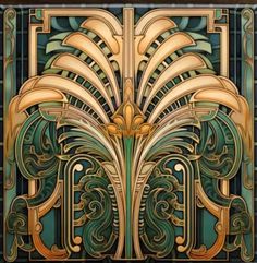 an art deco tile design in gold and green