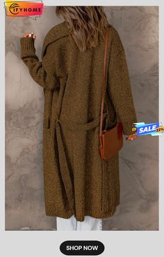 Brown Shawl Collar Belted Knitted Long Sweater Brown Shawl, Long Sweater, Shawl Collar, Long Sweaters, Shawl, On Sale, Collar