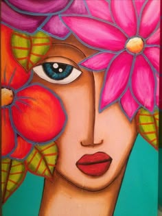 a painting of a woman's face with flowers in her hair and blue eyes