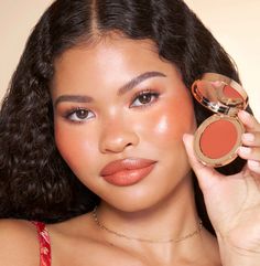 Easy-to-use terracotta cream blush & lip tint for a dewy, healthy-looking holiday blush and glow! Cute Birthday Makeup Looks Natural, Blush Model Photography, Orange Lip Makeup Look, Cheek Blush Makeup, Bridal Makeup For Brown Skin, Flushed Cheeks Aesthetic, Blush Product Photography, Orange Blush Makeup, Blush Photoshoot