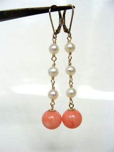 Pink Coral Pearl Earrings, Long, Line, Column Earrings, Goldfill, Handmade, Let Loose Jewelry, Gifts for Her - Etsy Elegant Coral Jewelry With Pearl Drop, Handmade Coral Earrings For Gifts, Coral Beads Earrings Gold, Coral And Pearl Earrings, Coral Earrings Dangle, Garnet Necklace, Coral Earrings, Blue Gems, Argentium Silver