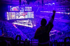 a person raising their arms in the air at a game on a large television screen