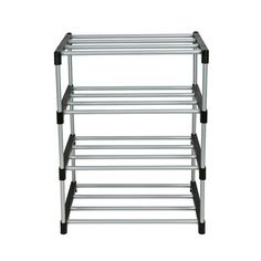 three tiered rack with wheels on each side and four shelves in the middle,