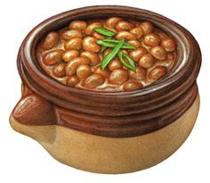 a pot filled with beans sitting on top of a table