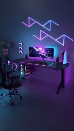 Super Clean Gaming Room Setup with Cyan and Pink RGB Ambient Lighting Gaming Desk Decor, Desk Decor Ideas, Dream Desk, Gaming Furniture, Pc Gaming Setup, Home Decor Shelves, Bedroom Setup