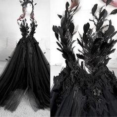 Feather Gothic Black Side Split Wedding Dresses Split Wedding Dress, Flower Gown, Fern Flower, Column Wedding Dress, Black Wedding Dress, Empire Wedding Dress, Bespoke Wedding Dress, Beach Wedding Dress Boho, Prom Dresses Two Piece