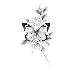 a black and white drawing of a butterfly on flowers