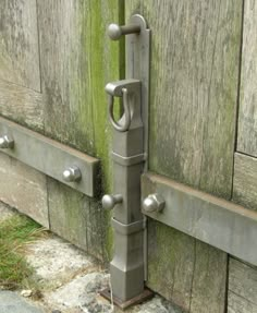 a metal door handle on the side of a wooden door with grass growing around it