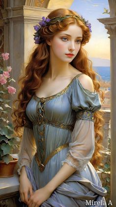 a painting of a woman with long red hair wearing a blue dress sitting on a window sill