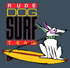 the logo for rude dog surf team is shown on a surfboard with an image of a dog sitting on top of it