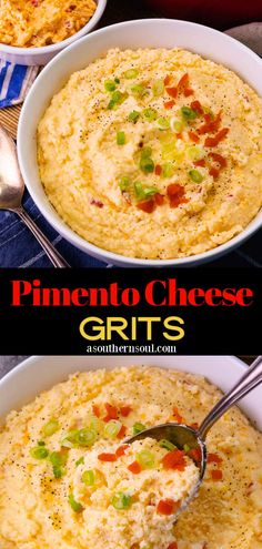 two bowls filled with cheese grits on top of a table