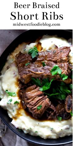 slow cooker braised short ribs with mashed potatoes and parsley on top