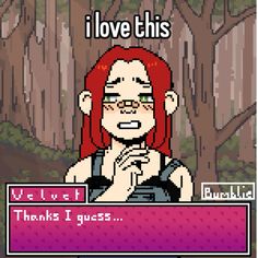 an image of a woman with red hair and glasses in front of a sign that says i love this