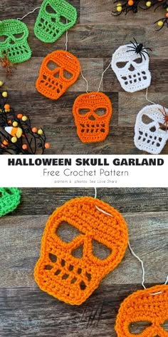 crocheted halloween skull garland is shown on a wooden table with pumpkins and spider web