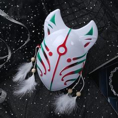 Anime Wolf Mask White Masks For Cosplay Events, White Costume Masks For Cosplay Events, White Cat Ears Costume Accessories For Cosplay, White Cat Ears For Cosplay, White Cosplay Costume Mask, White Mask For Cosplay, Red Themed Cosplay Masks, White Mask Costume Accessories For Cosplay, Red Themed Masks For Cosplay