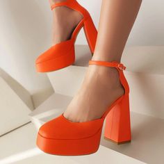 Olivia Mark - Womens High Heel Mary Jane Shoes with Thick Sole, Leather Surface, Chunky Heel, and Waterproof Platform Mary Jane High Heels, Orange Heels, Rough Heels, Orange Shoes, Pu Heels, Chunky Heels Sandals, Mary Jane Pumps, Mary Jane Heels, Jane Shoes