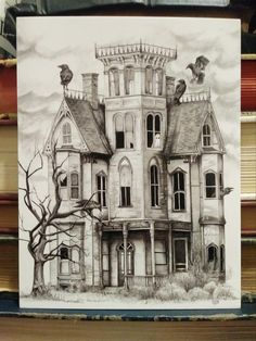 a drawing of an old house with crows on the roof and two trees in front