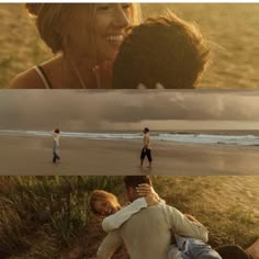 two people are sitting on the beach and one person is holding his head up in the air