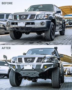 the front and side view of a silver nissan pickup truck, before and after it's paint job