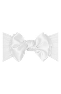 Silky satin serves up a the perfect dose of comfy and cute for this stretchy headband adorned with a fabulous bow. 3 1/2"  x 4 3/4" bow 70% nylon, 20% polyester, 10% spandex Spot clean Made in the USA of imported fabric Baby Bling, Stretchy Headbands, Hair Accessories, Nordstrom, Spandex, Satin, Fabric, White