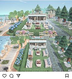 an artist's rendering of a house on the shore with trees and lawn furniture