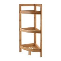 the corner shelf is made out of wood and has two shelves on each side, one with