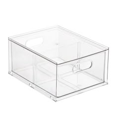 a clear plastic box with handles and latches on the bottom is shown in front of a white background