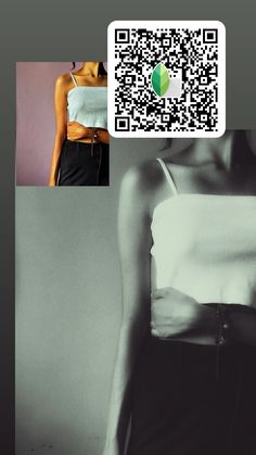 a woman in white shirt and black skirt next to qr code