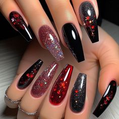 IF you love my designs, please don't forget to follow my profile :) Valentines Day Nails Red And Black, Red Bday Nails, Red Black And Silver Nails, Black And Red Christmas Nails, Black Valentines Day Nails, Birthday Nails Coffin, Black Sparkle Nails, Nails Black Coffin, Coffin Nails Black