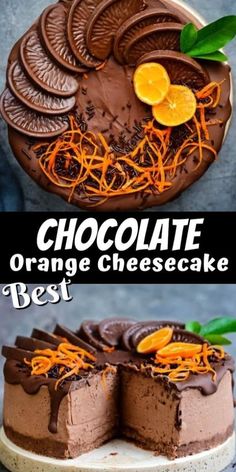 an orange cheesecake with chocolate frosting and sliced oranges in the middle on top