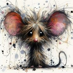 a painting of a mouse with long hair on it's head and eyes, in front of a white background