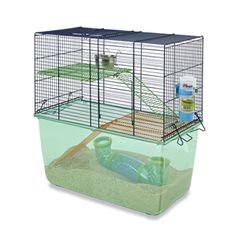 a small bird cage with two birds in it