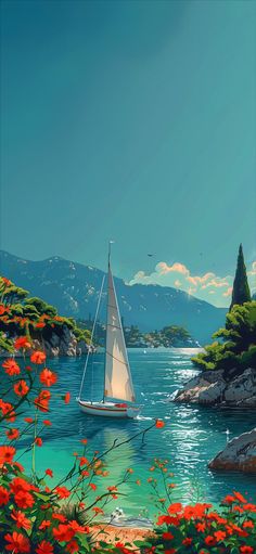 a painting of a sailboat on the water with red flowers in front of it