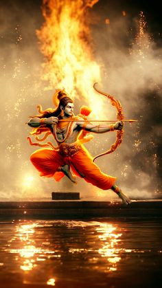 a man in an orange outfit is performing a dance with fire and water behind him