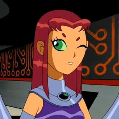 an animated image of a woman with red hair and green eyes, standing in front of a machine