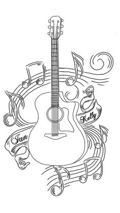 an acoustic guitar with music notes around it