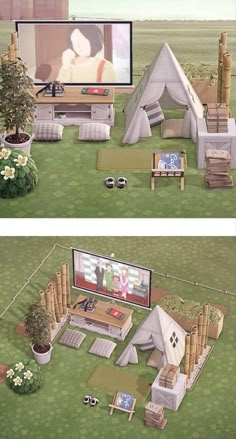 two views of an outdoor living area with furniture and tv in the middle, while another shows a woman sitting on a couch