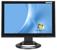 a desktop computer monitor with the windows vista logo on it's screen and black stand