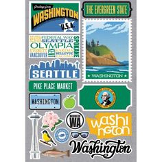 the washington sticker sheet has many different things on it, including water and mountains