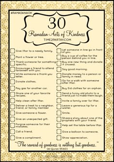 the 30 raman acts of kindness checklist is shown in black and white with gold trim