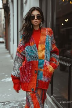 a woman is walking down the street wearing an orange sweater and colorful cardigan jacket