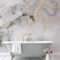 White Gray Gold Marble Paining Stone Wall Decal - MAIA HOMES Bathroom Wallpapers, Stone Texture Wall, Gold Marble Wallpaper, Marble Effect Wallpaper, Bathroom Retreat, Perfect Bathroom, Marble Wallpaper, Bold Patterns, Marble Wall