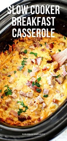 slow cooker breakfast casserole in a crock pot with text overlay