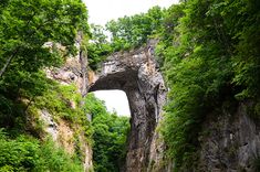 an arch in the side of a cliff with trees on both sides and water below