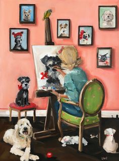 a painting of a child sitting at a easel with dogs in front of it