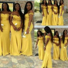 several photos of women in yellow dresses