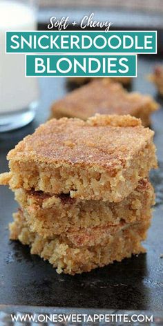 some food that is stacked on top of each other with the words, sweet cherry snickkerdoodle blondies