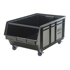 a black plastic container with wheels on a white background