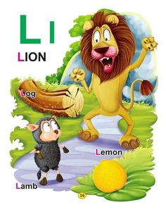 the letter l is for lion with an image of a cartoon animal and its name