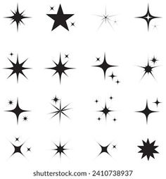 black and white stars on a white background, set of nine different shapes in the form of stars